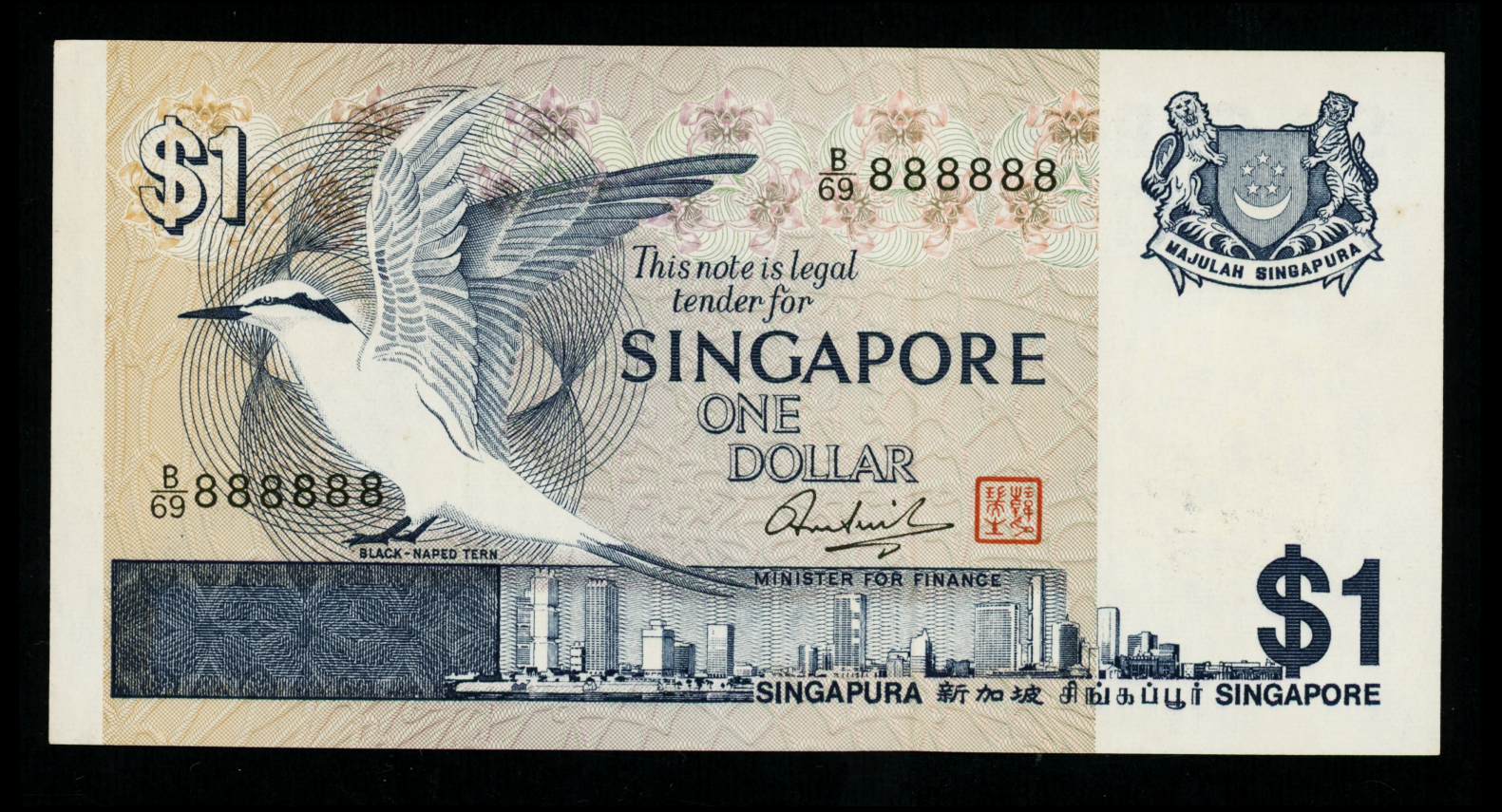 Singapore Bird 1976 $1 Solid Numbers B/69 888888 AU Minor